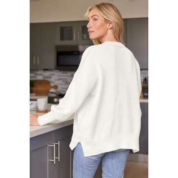 LILLUSORY Women's Oversized Batwing Sweaters 2024 Fall Outfits Crewneck Ribbed Knit Side Slit Trendy Pullover Tops White M