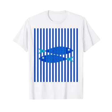 Fisherman aesthetic white blue stripes with sardine fish T-Shirt