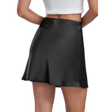 Ezcosplay Women's Satin Mini Skirt Summer High Waisted Elastic Waist A-Line Silk Short Party Skirts Black
