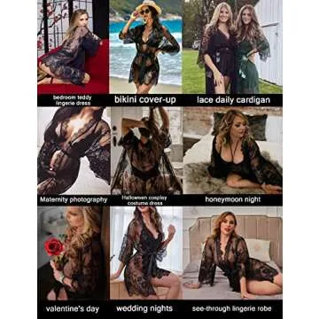 Avidlove lingerie robe Women's Lace Kimono Robe Babydoll Lingerie Mesh Nightgown Black M