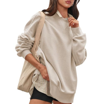 Hragc Womens Sweatshirt Crewneck Corded Corduroy Sweater for Women Small Apricot Casual Oversized Ri...
