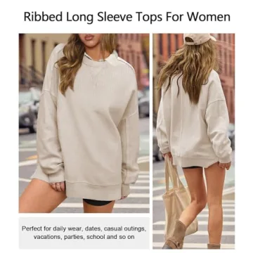 Hragc Womens Sweatshirt Crewneck Corded Corduroy Sweater for Women Small Apricot Casual Oversized Ribbed Long Sleeve Shirt Pullover Top