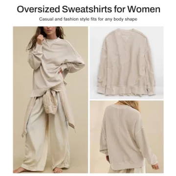 Hragc Womens Sweatshirt Crewneck Corded Corduroy Sweater for Women Small Apricot Casual Oversized Ribbed Long Sleeve Shirt Pullover Top