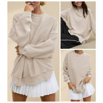 Hragc Womens Sweatshirt Crewneck Corded Corduroy Sweater for Women Small Apricot Casual Oversized Ribbed Long Sleeve Shirt Pullover Top