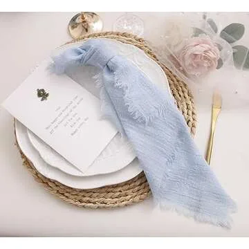JINVASE Cloth Napkins with Fringe Set of 12,100% Soft Cotton, Gauze Washable Fall Napkins for Wedding Decorative Thanksgiving Dinner Parties Christmas,(16''*16'') Light Blue