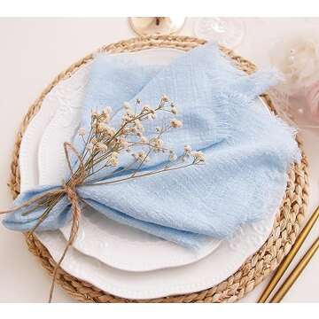 JINVASE Cloth Napkins with Fringe Set of 12,100% Soft Cotton, Gauze Washable Fall Napkins for Wedding Decorative Thanksgiving Dinner Parties Christmas,(16''*16'') Light Blue