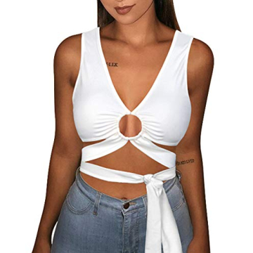 BEAGIMEG Women's Sexy Summer Cutout Criss Cross Cute Bandage Casual Crop Tank Tops White