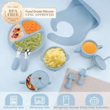Bufims Silicone Baby Feeding Set, Baby Led Weaning Supplies, Eating Essentials Utensils with Suction Plate and Bowl, Pocket Bib, Sippy Cup with Lid, Forks Spoons Snack Container, for 6+ Months, Blue