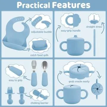 Bufims Silicone Baby Feeding Set, Baby Led Weaning Supplies, Eating Essentials Utensils with Suction Plate and Bowl, Pocket Bib, Sippy Cup with Lid, Forks Spoons Snack Container, for 6+ Months, Blue