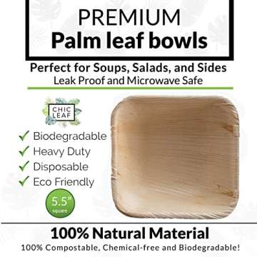 Chic Leaf 5.5 Inch 16oz Compostable and Biodegradable Palm Leaf Square Bowls for Wedding & Catering (25 Pack)