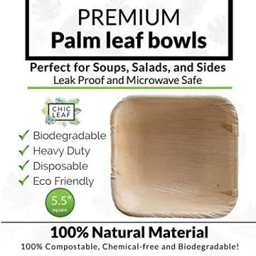 Chic Leaf 5.5 Inch 16oz Compostable and Biodegradable Palm Leaf Square Bowls for Wedding & Catering (25 Pack)
