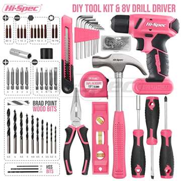 Hi-Spec Drill Set 58pc Pink Tool Set 8V USB Electric Drill Driver & Household Tool Kit. DIY Cordless...