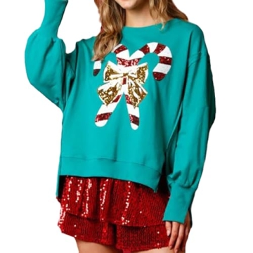 Glkaend Women's Sequin Christmas Sweatshirt Cute Funny Graphic Printed Casual Crewneck Long Sleeve P...