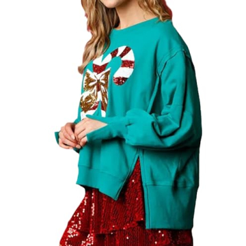 Glkaend Women's Sequin Christmas Sweatshirt Cute Funny Graphic Printed Casual Crewneck Long Sleeve Pullover Sweatshirts Tops,Green #2,Small