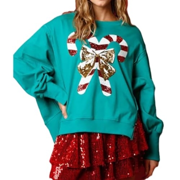 Glkaend Women's Sequin Christmas Sweatshirt Cute Funny Graphic Printed Casual Crewneck Long Sleeve Pullover Sweatshirts Tops,Green #2,Small