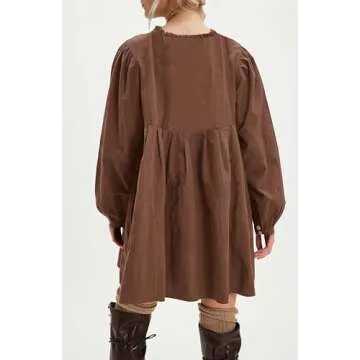 Women Babydoll Dress Flowy Long Puff Sleeve Cute Mini Dresses Casual Square Neck Lace Embroidered Bo...