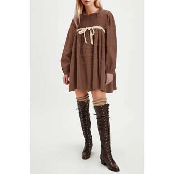 Women Babydoll Dress Flowy Long Puff Sleeve Cute Mini Dresses Casual Square Neck Lace Embroidered Bow Tie A-line Tunic Dress 2024 Brown