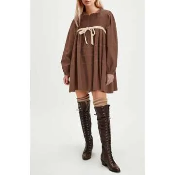 Women Babydoll Dress Flowy Long Puff Sleeve Cute Mini Dresses Casual Square Neck Lace Embroidered Bow Tie A-line Tunic Dress 2024 Brown