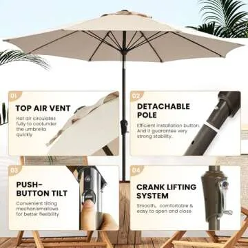 Ayge 9FT Large Outdoor Patio Umbrella Market Table Umbrella-UV Resistant, Easy Push Button Tilt and Crank, 8 Sturdy Fiberglass Ribs Heavy-Duty Pool Umbrella for Deck, Backyard,Garden, Yard,Beige