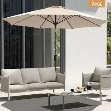 Ayge 9FT Large Outdoor Patio Umbrella Market Table Umbrella-UV Resistant, Easy Push Button Tilt and Crank, 8 Sturdy Fiberglass Ribs Heavy-Duty Pool Umbrella for Deck, Backyard,Garden, Yard,Beige