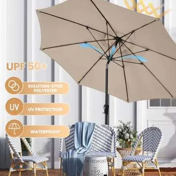 Ayge 9FT Large Outdoor Patio Umbrella Market Table Umbrella-UV Resistant, Easy Push Button Tilt and Crank, 8 Sturdy Fiberglass Ribs Heavy-Duty Pool Umbrella for Deck, Backyard,Garden, Yard,Beige