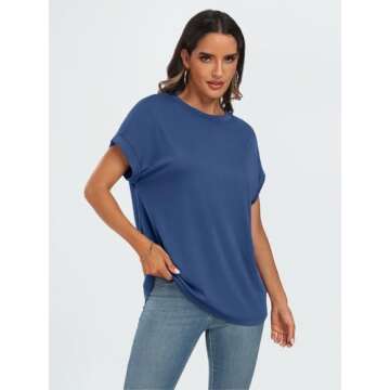 AUTOMET Womens Summer Tops Spring Fashion Oversized Business Casual Dressy T Shirts Workout Clothes Trendy Outfits 2025 Blue S