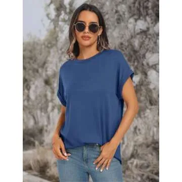 AUTOMET Womens Summer Tops Spring Fashion Oversized Business Casual Dressy T Shirts Workout Clothes Trendy Outfits 2025 Blue S
