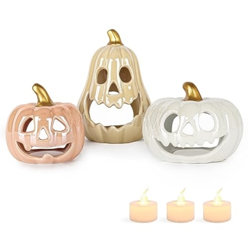 Sunlit Ceramic Pumpkin with 3 Tea Lights, Jack-O-Lantern Candle Holder Set of 3, Tabletop Indoor Hal...