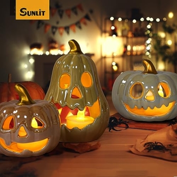 Elegant Sunlit Ceramic Pumpkin Set with LED Tea Lights