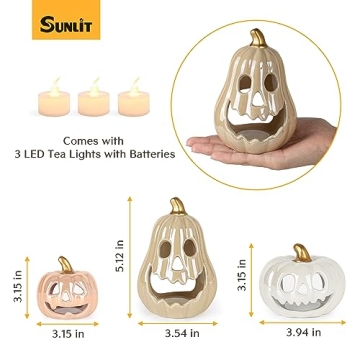 Elegant Sunlit Ceramic Pumpkin Set with LED Tea Lights