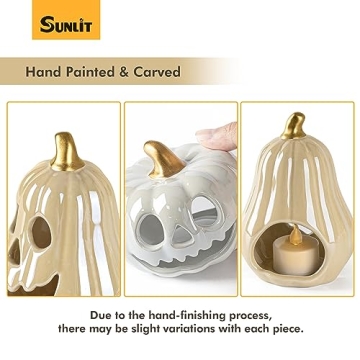 Elegant Sunlit Ceramic Pumpkin Set with LED Tea Lights