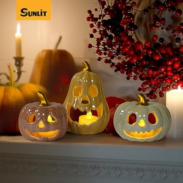 Elegant Sunlit Ceramic Pumpkin Set with LED Tea Lights