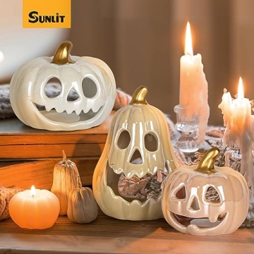 Elegant Sunlit Ceramic Pumpkin Set with LED Tea Lights
