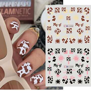 MAIOUSU STORE Nail Art Stickers, 12 Sheets Cute Milk Cartoon Water Transfer Nail Decals Nail Stickers with Assorted Patterns Milk Cow Animal Leopard Heart Design DIY Nail Art Decoration