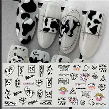 MAIOUSU STORE Nail Art Stickers, 12 Sheets Cute Milk Cartoon Water Transfer Nail Decals Nail Stickers with Assorted Patterns Milk Cow Animal Leopard Heart Design DIY Nail Art Decoration