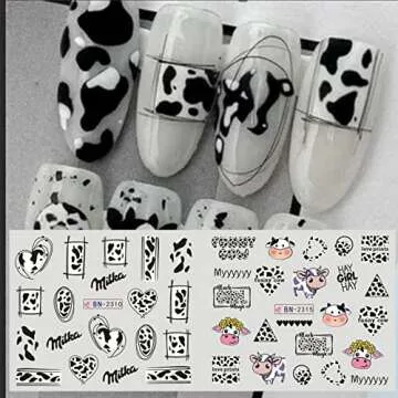 MAIOUSU STORE Nail Art Stickers, 12 Sheets Cute Milk Cartoon Water Transfer Nail Decals Nail Stickers with Assorted Patterns Milk Cow Animal Leopard Heart Design DIY Nail Art Decoration