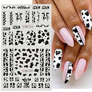MAIOUSU STORE Nail Art Stickers, 12 Sheets Cute Milk Cartoon Water Transfer Nail Decals Nail Stickers with Assorted Patterns Milk Cow Animal Leopard Heart Design DIY Nail Art Decoration