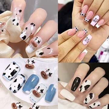 MAIOUSU STORE Nail Art Stickers, 12 Sheets Cute Milk Cartoon Water Transfer Nail Decals Nail Stickers with Assorted Patterns Milk Cow Animal Leopard Heart Design DIY Nail Art Decoration