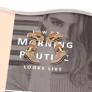 Colorful Rhinestone Western Boots Dangle Drop Earrings for Women Boho Cowgirl Cowboy Enamel Hat Boot Earrings Country Concert Party Outfits Jewelry Gift-Brown