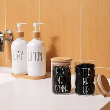 MOMEEMO Apothecary Jars with Lids Storage Organizer, Hair Tie Organizer & Bobby Pin Holder are Great for Bamboo Bathroom Accessories, Decor Farmhouse Style. (Hair Ties & Pins)