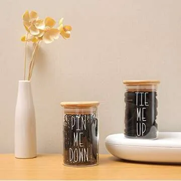 MOMEEMO Apothecary Jars with Lids Storage Organizer, Hair Tie Organizer & Bobby Pin Holder are Great for Bamboo Bathroom Accessories, Decor Farmhouse Style. (Hair Ties & Pins)