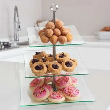 Home Dess Chef Buddy Three Tier Square Glass Buffet and Dessert Stand, 1 Pack, Clear