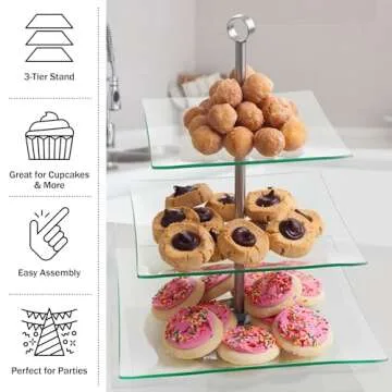 Home Dess Chef Buddy Three Tier Square Glass Buffet and Dessert Stand, 1 Pack, Clear