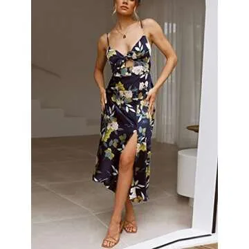 Fashionme Women Midi Satin Dresses Tie Front Backless Split Summer Casual Floral Tropical Hawaiian S...