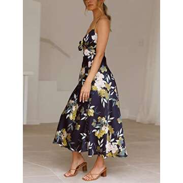 Fashionme Women Midi Satin Dresses Tie Front Backless Split Summer Casual Floral Tropical Hawaiian Slip Dress Sexy Sundress Wedding Guest Beach Cocktail Vacation Graduation