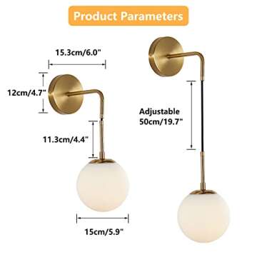 KCO Lighting Frosted White Glass Wall Sconce Set of Two Brass Gold Globe Ball Wall Light Adjustable ...