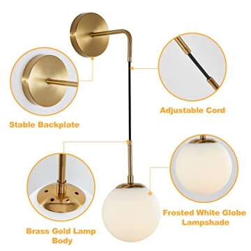 KCO Lighting Frosted White Glass Wall Sconce Set of Two Brass Gold Globe Ball Wall Light Adjustable Cord Industrial Vanity Wall Lamp for Bathroom Mirror Bedside Stairs (White)