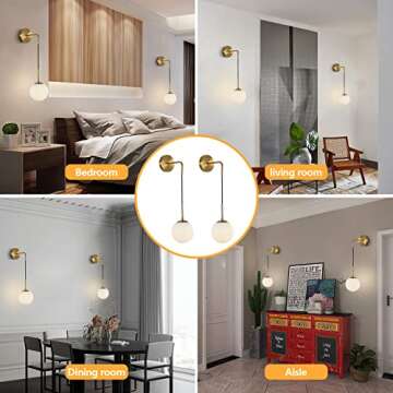 KCO Lighting Frosted White Glass Wall Sconce Set of Two Brass Gold Globe Ball Wall Light Adjustable Cord Industrial Vanity Wall Lamp for Bathroom Mirror Bedside Stairs (White)
