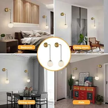 KCO Lighting Frosted White Glass Wall Sconce Set of Two Brass Gold Globe Ball Wall Light Adjustable Cord Industrial Vanity Wall Lamp for Bathroom Mirror Bedside Stairs (White)