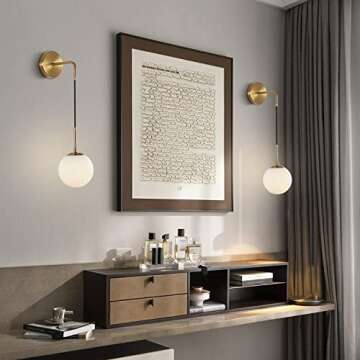 KCO Lighting Frosted White Glass Wall Sconce Set of Two Brass Gold Globe Ball Wall Light Adjustable Cord Industrial Vanity Wall Lamp for Bathroom Mirror Bedside Stairs (White)